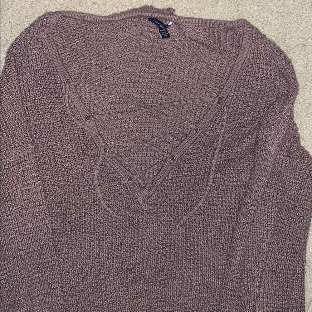 Brown V-neck Sweater with Lace Up Detailing